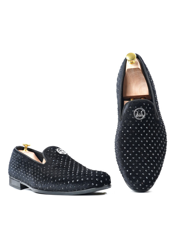 Grande Crystal Velvet Loafers: Black