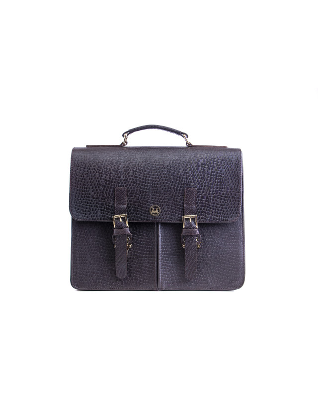 Satchel Work Case with Double Pockets: Dark Brown Monitor Lizard Print