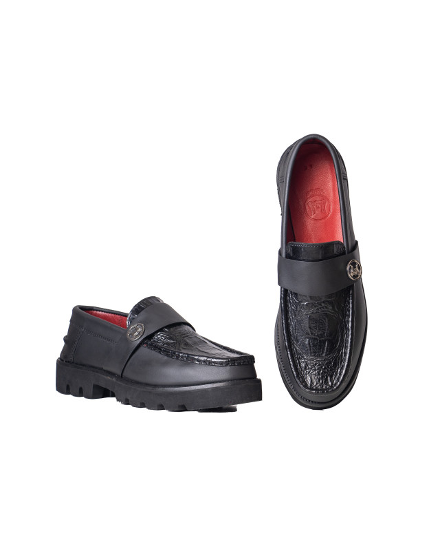 Platform Loafers: Black and Crocodile Print W Logo Strap