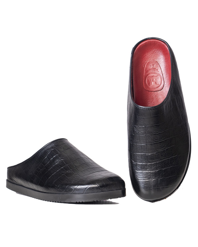 Slip-On Mules: Black Crocodile Print