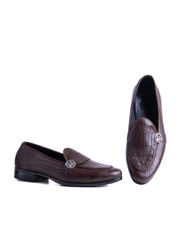 Belgian Loafers: Brown Basket Woven Leather Print with Curved Strap