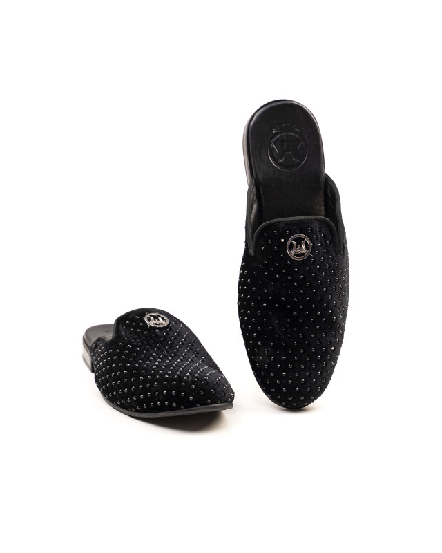 Grande Crystal Velvet Mules: Black