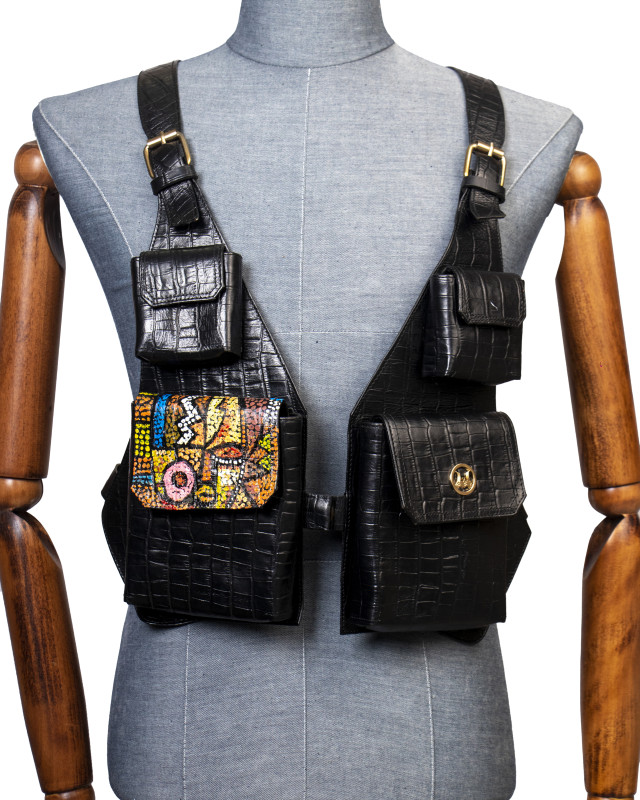 Utility Vest: Black Crocodile Print with Art