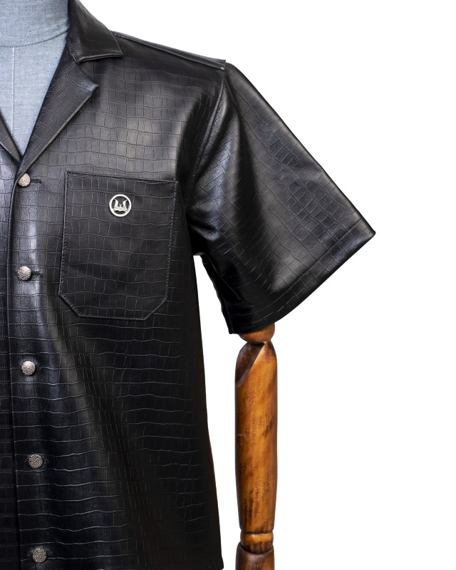 Leather Shirt: Black Crocodile Print