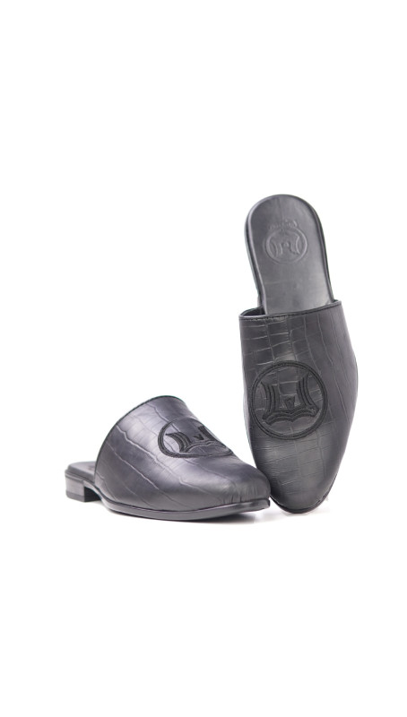Signature Logo Mules: Black Crocodile Print