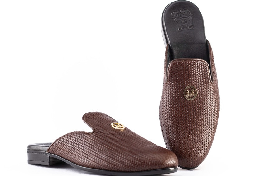 Basket Woven Leather Mules: Brown