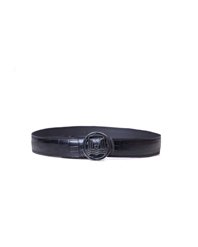 Classic Winston Logo Belt: Black Crocodile Print