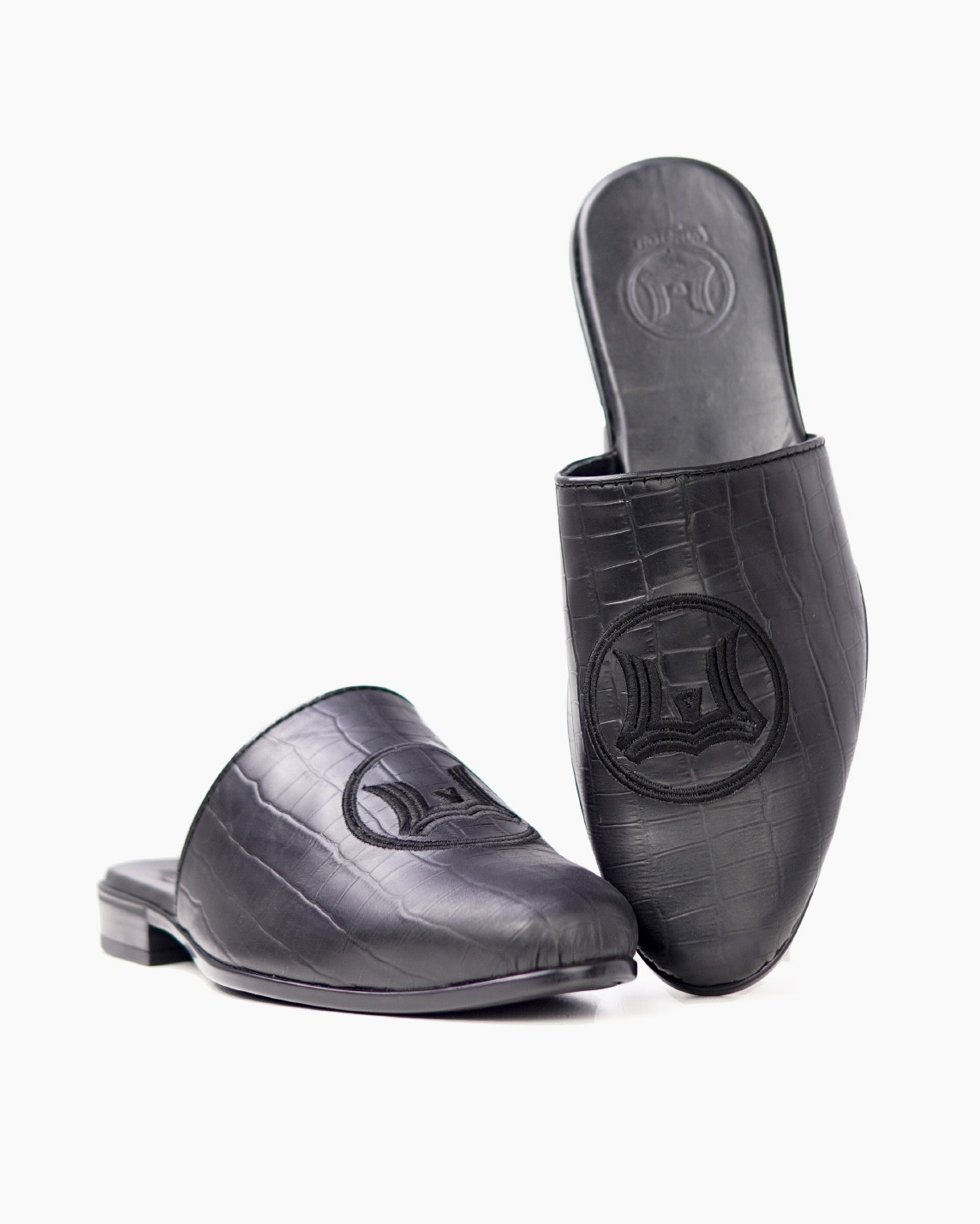 Signature Logo Mules: Black Crocodile Print