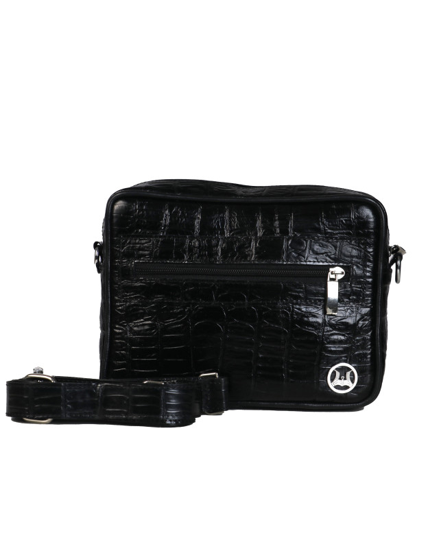 Messenger Bag: Black Textured Crocodile Print