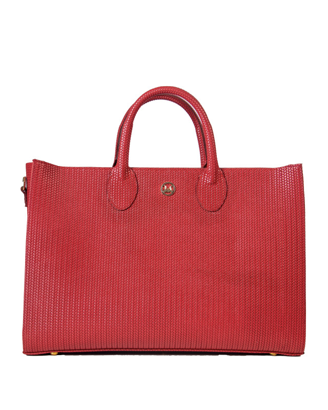 Midi Man Tote: Red Basket Woven Leather Print