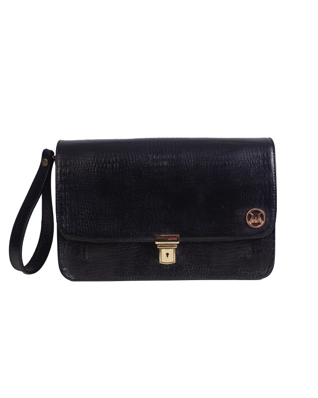 Man Bag: Black Textured Crocodile Print
