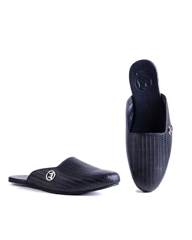 Square Cut Basket Woven Leather Mules: Black