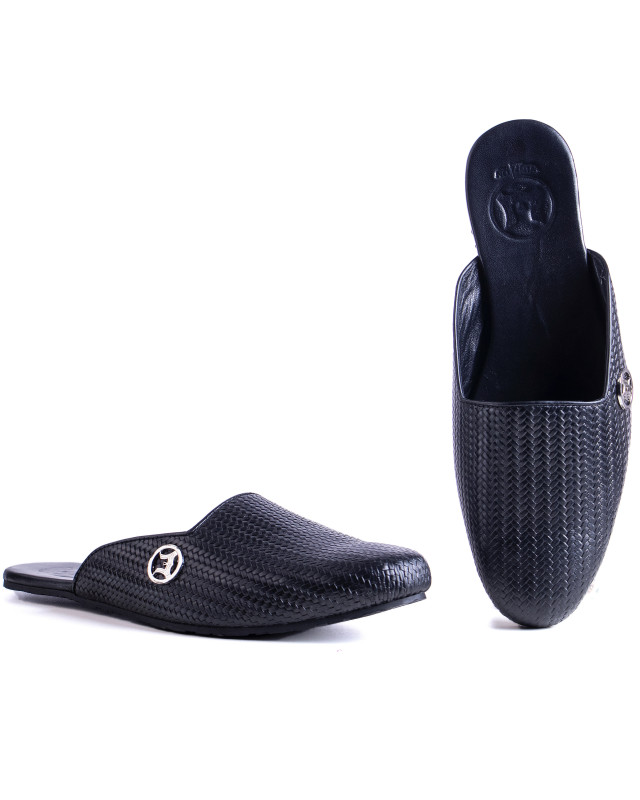 Square Cut Basket Woven Leather Mules: Black