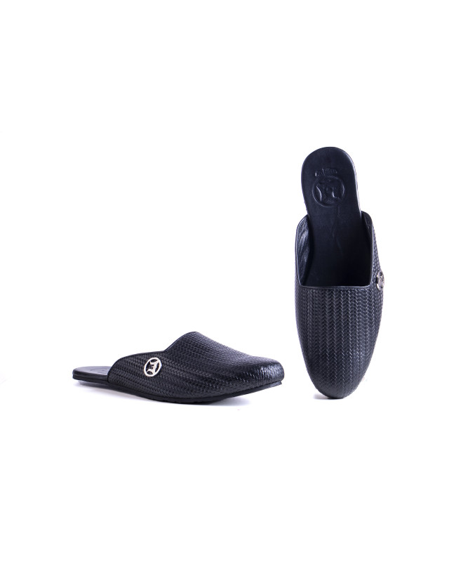Square Cut Basket Woven Leather Mules: Black