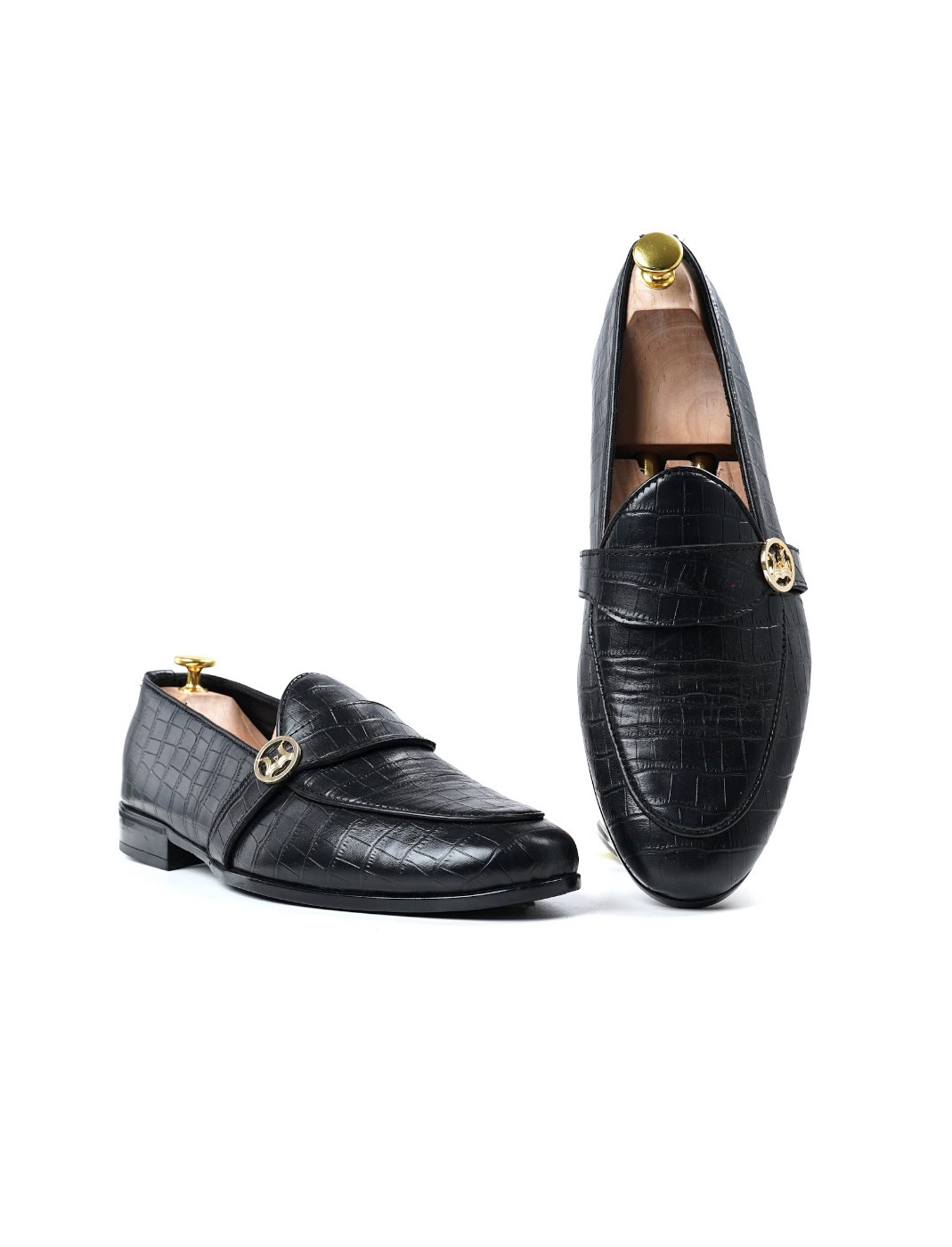Belgian Loafers: Black Crocodile Print with Curved Strap