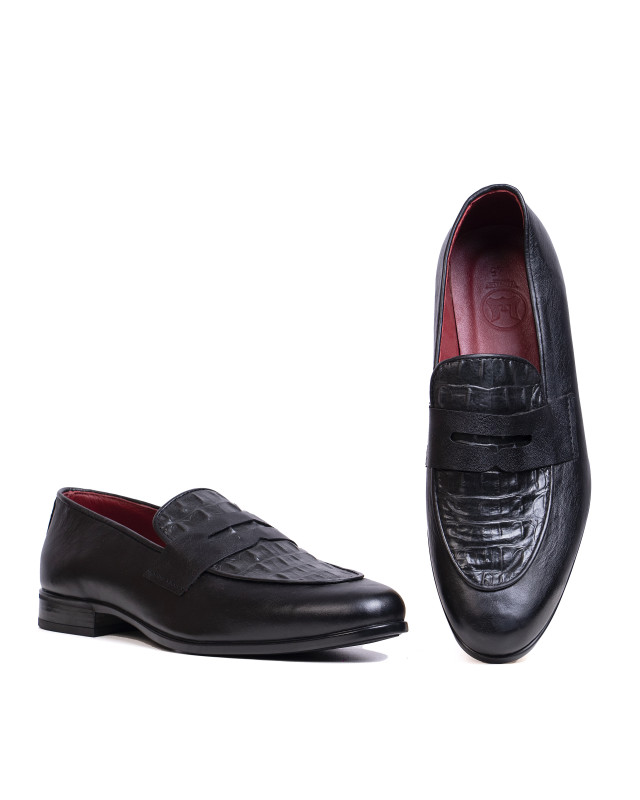 Apron-Toe Penny Loafers: Black and Textured Crocodile Print