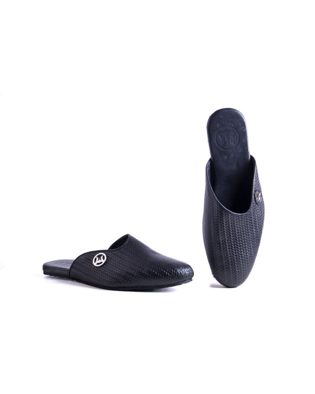 V Cut Basket Woven Leather Mules: Black