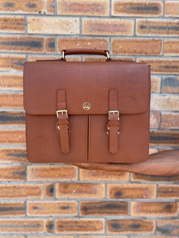 Satchel Work Case: Tan Monitor Lizard Print