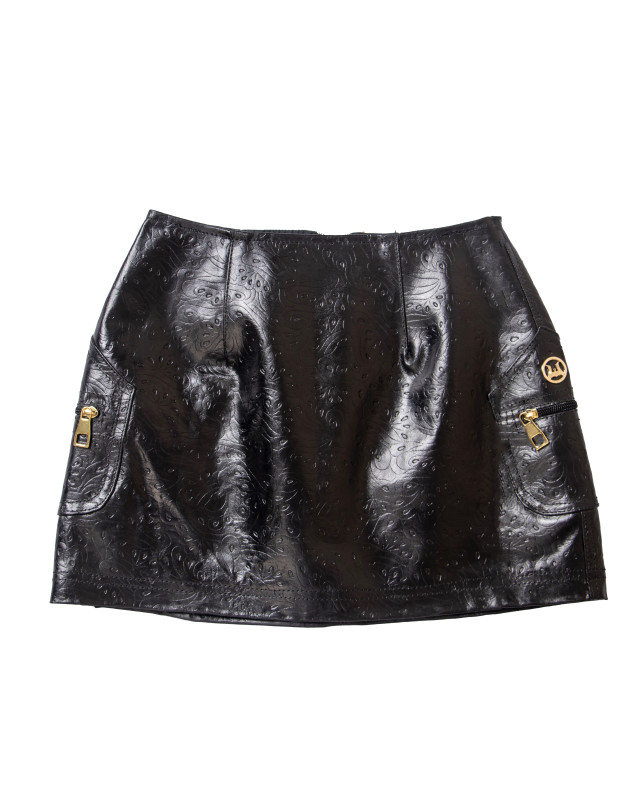Leather Micro Skirt:  Black Abstract Print