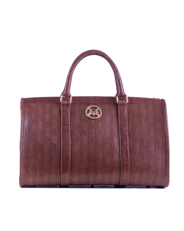 Duffle Bag 2.0 Mini: Brown Basket Woven Leather Print